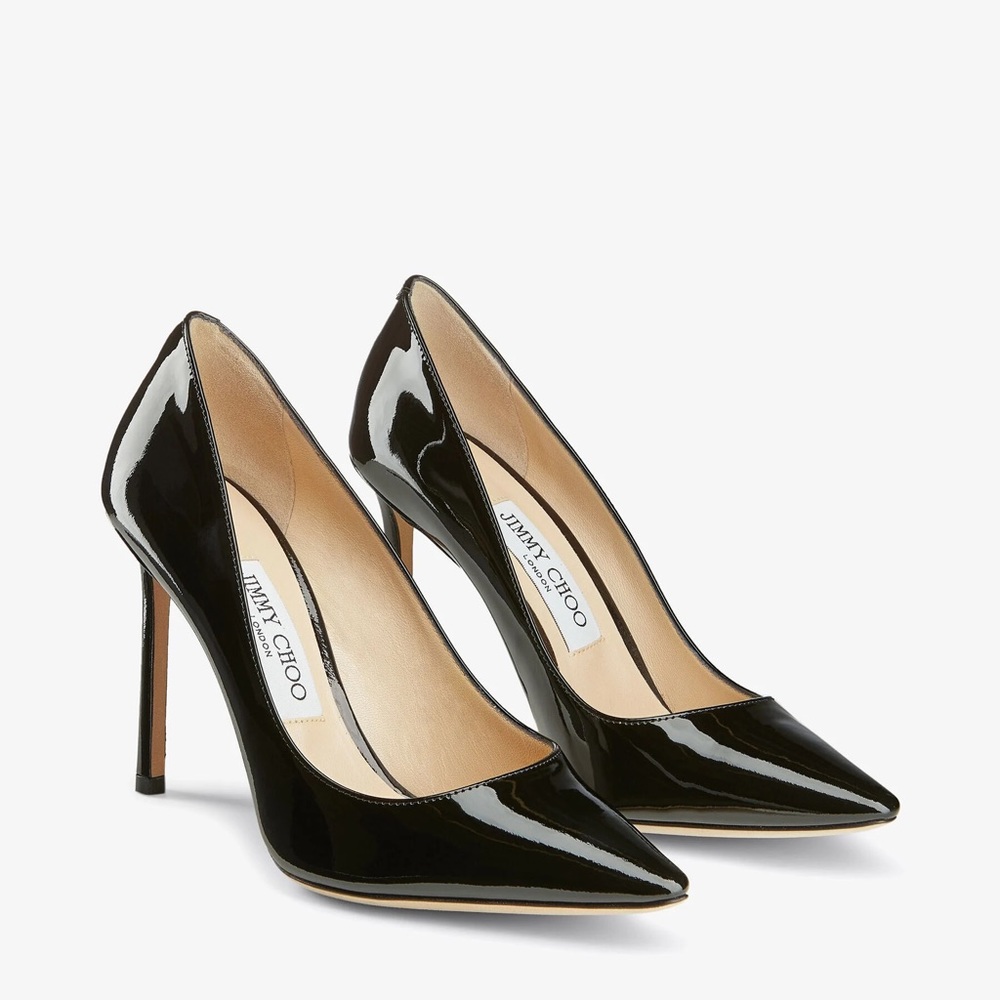 Jimmy Choo Romy 100 Black Patent Leather Pointy Toe Pumps size 37.5 (US 6.5)